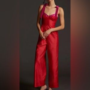 Hutch x Anthropologie shoulder bow red and pink silk jumpsuit